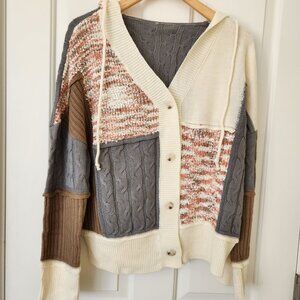 Colorblock Patchwork Hooded Cardigan Knit Ribbed Boho Grandma Cozycore Medium
